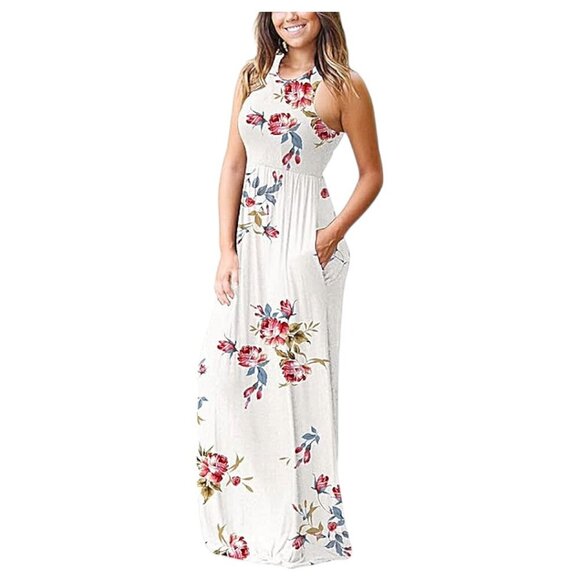 Grecerelle Floral Racerback Maxi Dress Small Ivory Pink Stretchy - Picture 13 of 16